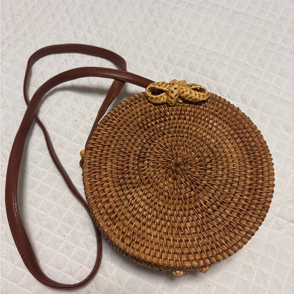 Brown Woven Round Crossbody Bag
